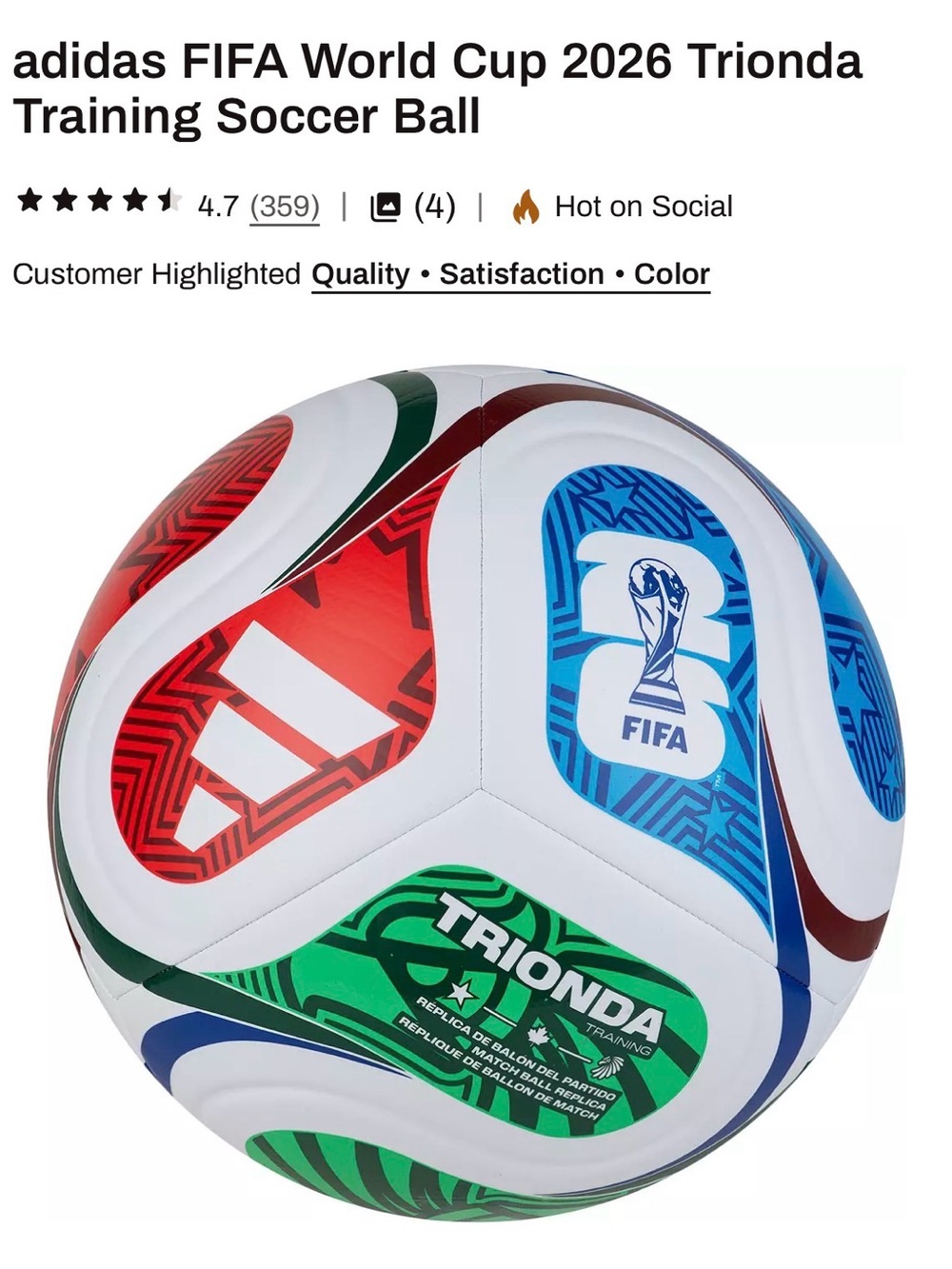 adidas Trionda Training Soccer Ball - White, Red, Blue, Green